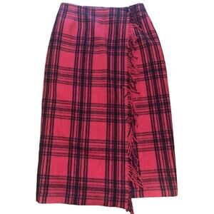 VTG Cambridge Wrap Around Western Fringe Blanket Skirt 14 Red Black Plaid Wool